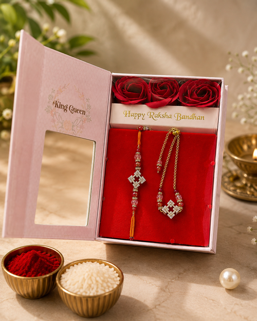 AD Bhaiya Bhabhi Couple Rakhi Set | Premium American Diamond Designer Bhai Rakhi & Lumba Rakhi Gift Box with Roses, Luxury Raksha Bandhan Gift | 5 Variants | Jugnu Store