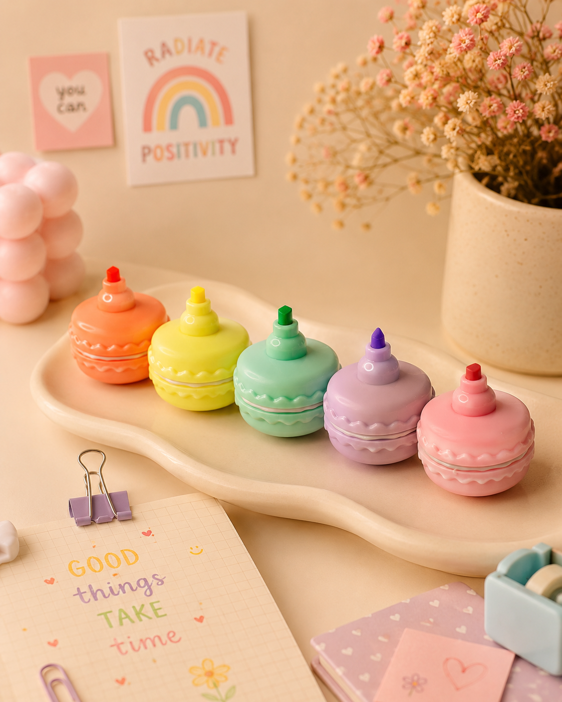 Macaron Mini Highlighters | Cute Pastel Chisel Tip Highlighters | Kawaii Study & Office Stationery