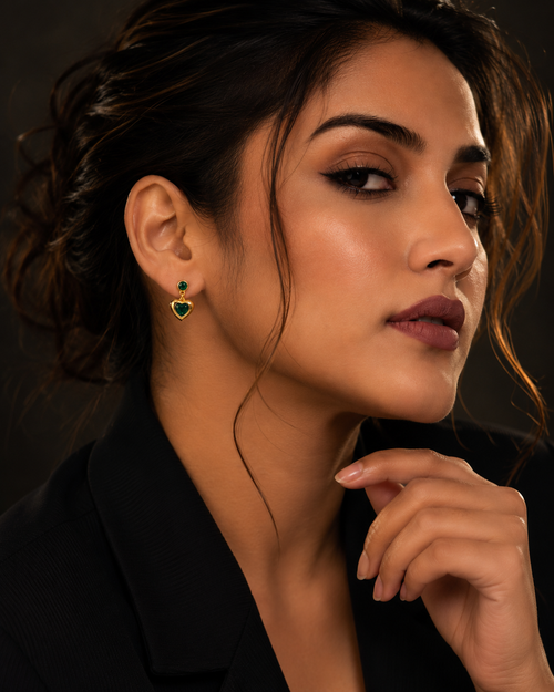 Anti Tarnish Green Heart Drop Earrings | Gold Stainless Steel Studs