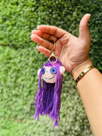 Crochet Doll Keychain with Purple Yarn Hair and Button Eyes, Cute Doll Bag Charm & Backpack Charm for Girls, Boys & Gifting