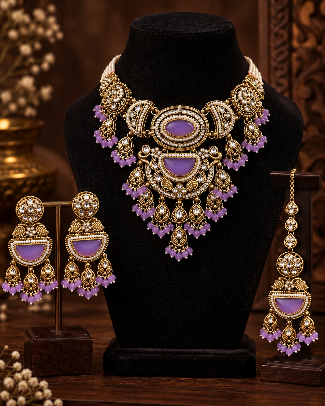 Premium Indian Lavender Necklace Set for Women with Earrings & Maang Tikka, Heavy-Look Lightweight Festive Jewellery Set for Karwa Chauth, Diwali, Weddings & Parties