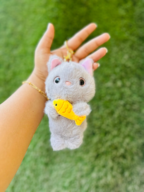 Cute Cat Plush Keychain with Fish | Soft Furry Cat Bag Charm & Keyring | 3 Colour Variants