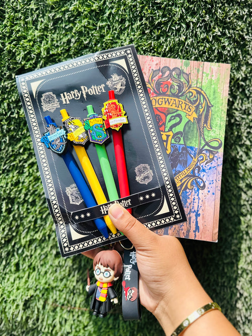 Premium Harry Potter Stationery Combo | 4 Hogwarts House Ball Pens, A5 Notebook & Harry Potter Keychain | Gift Set for Harry Potter Fans