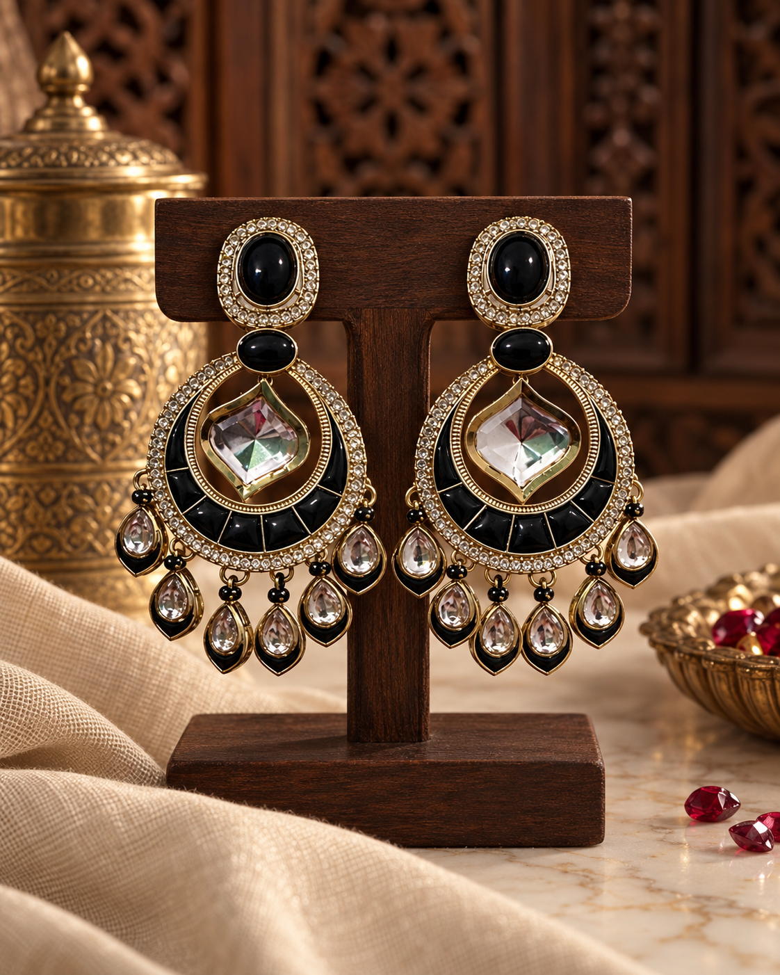 Statement Ethnic Earrings for Women, Traditional Indian Jewellery with Black Blue & Purple Stone Details, Long Drop Designer Earrings for Wedding & Festive Wear