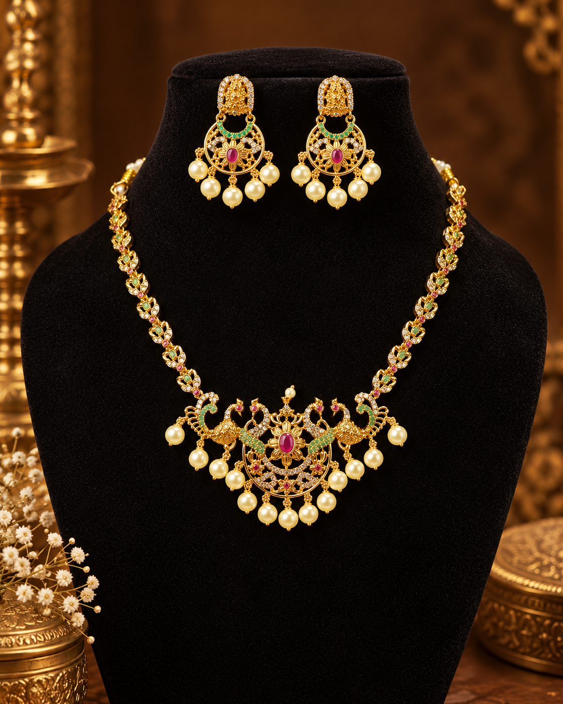 South Indian Style Necklace Set for Women, Multicolour Gold-Look Temple Jewellery with Matching Earrings, Peacock Design Festive Ethnic Jewellery for Wedding, Diwali & Functions