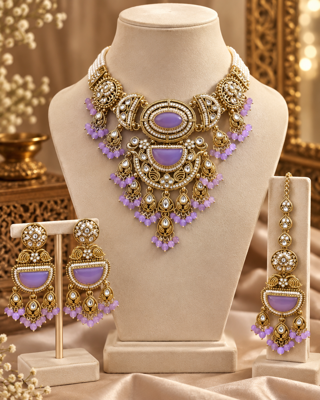 Premium Indian Lavender Necklace Set for Women with Earrings & Maang Tikka, Heavy-Look Lightweight Festive Jewellery Set for Karwa Chauth, Diwali, Weddings & Parties