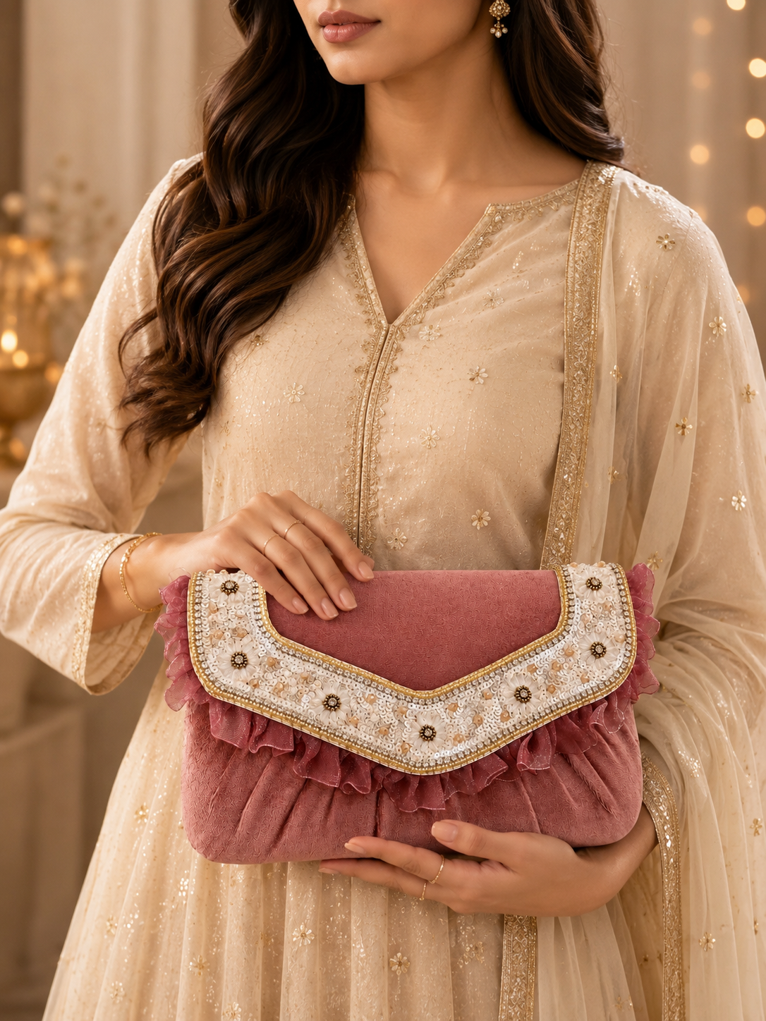 Pink Embroidered Party Clutch Bag | Floral Wedding Handbag