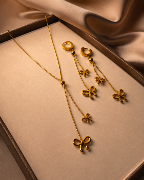 Anti Tarnish Bow Pendant Necklace & Earrings Set for Women