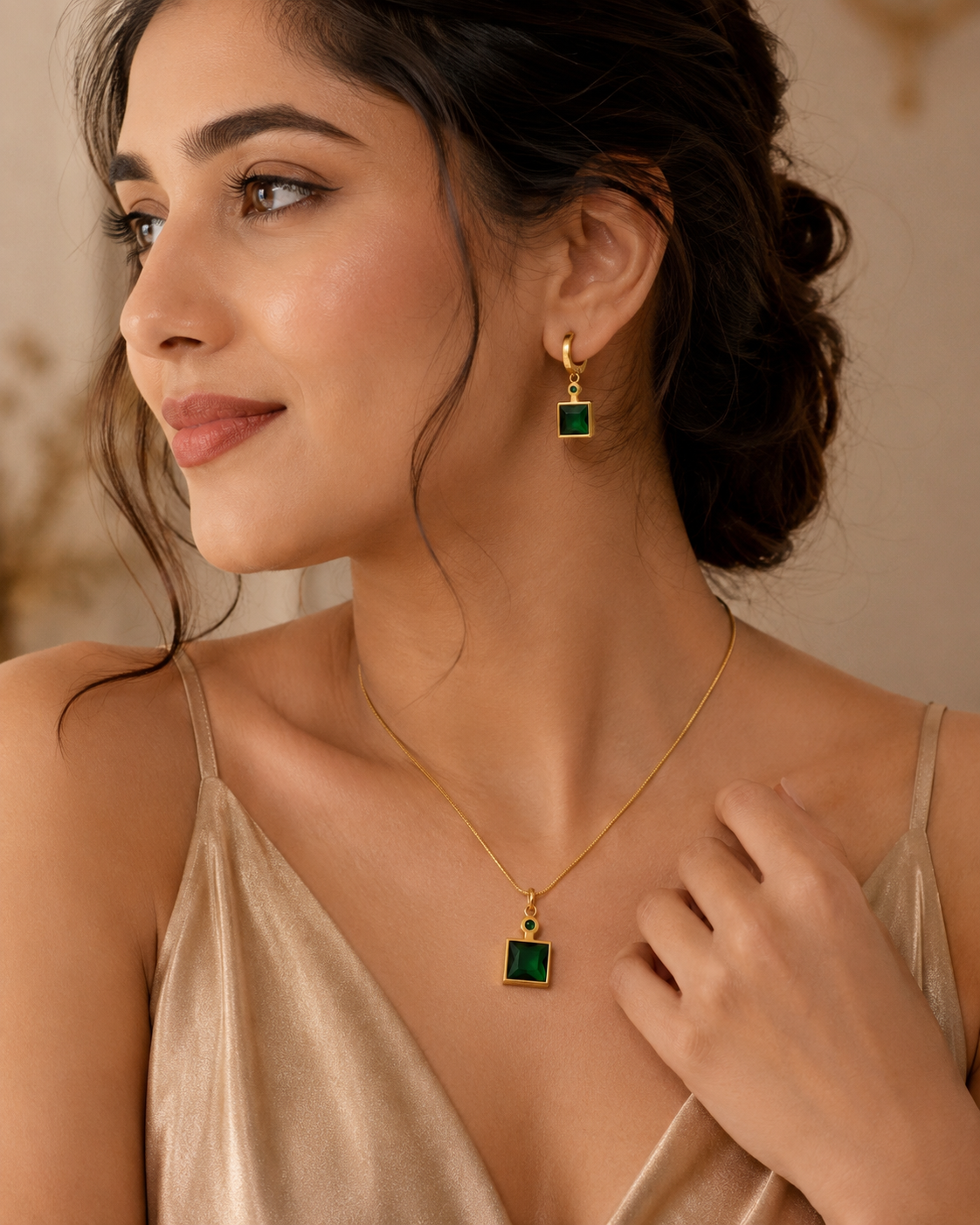 Anti Tarnish Emerald Pendant & Earrings Combo for Women