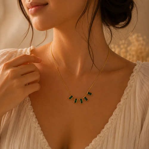 Anti Tarnish Emerald Green Crystal Necklace | Geometric Gold Statement Necklace for Women