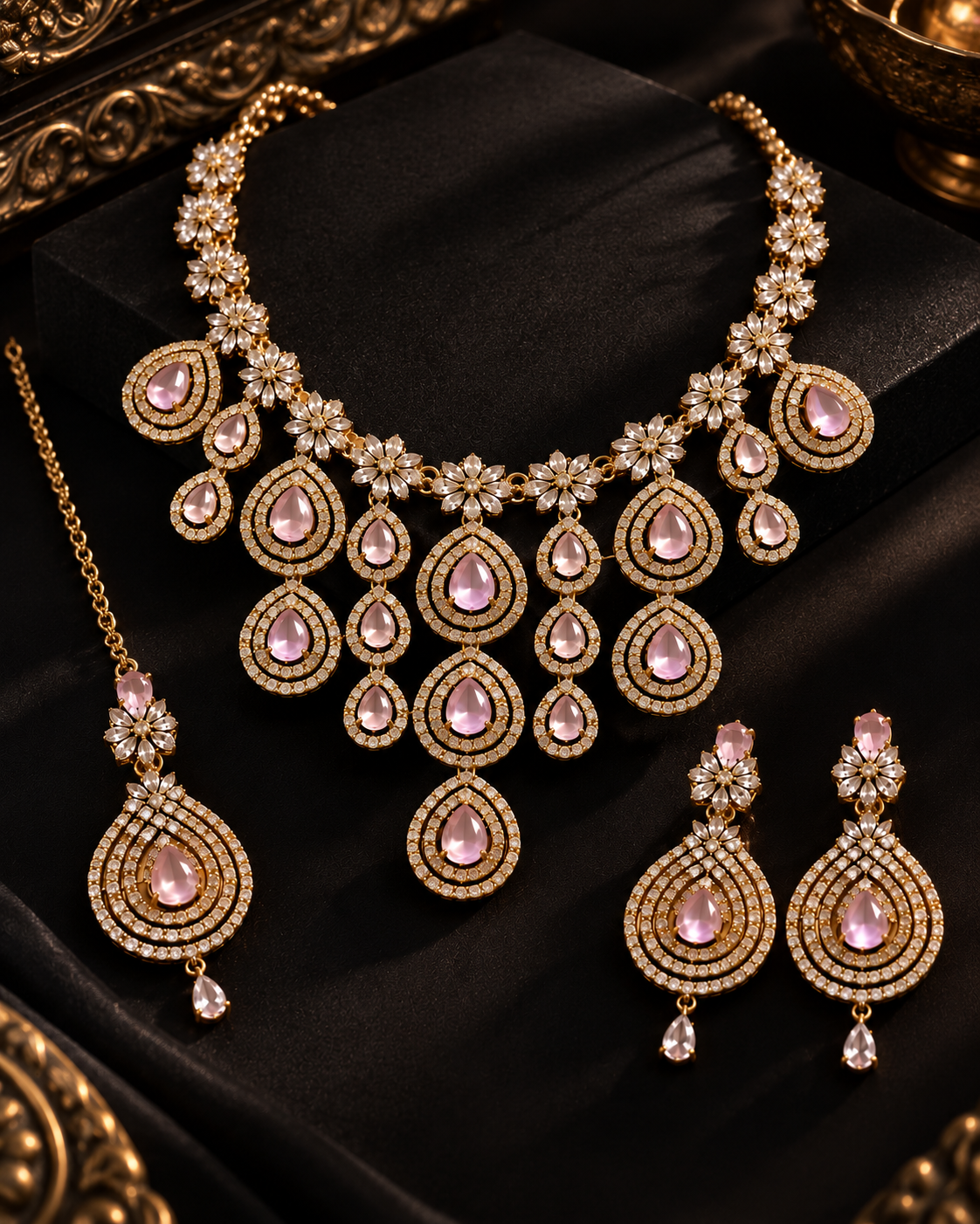Premium AD Necklace Set for Women with Earrings & Maang Tikka, Heavy Festive Jewellery Set for Wedding, Karwa Chauth, Diwali & Party