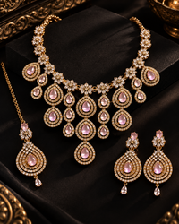 Premium AD Necklace Set for Women with Earrings & Maang Tikka, Heavy Festive Jewellery Set for Wedding, Karwa Chauth, Diwali & Party