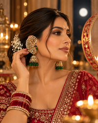 Kundan Ear Cuffs for Women, Peacock Design Festive Earrings with Pearl Border and Green Bead Jhumka Detailing for Karwa Chauth, Diwali, Wedding & Parties