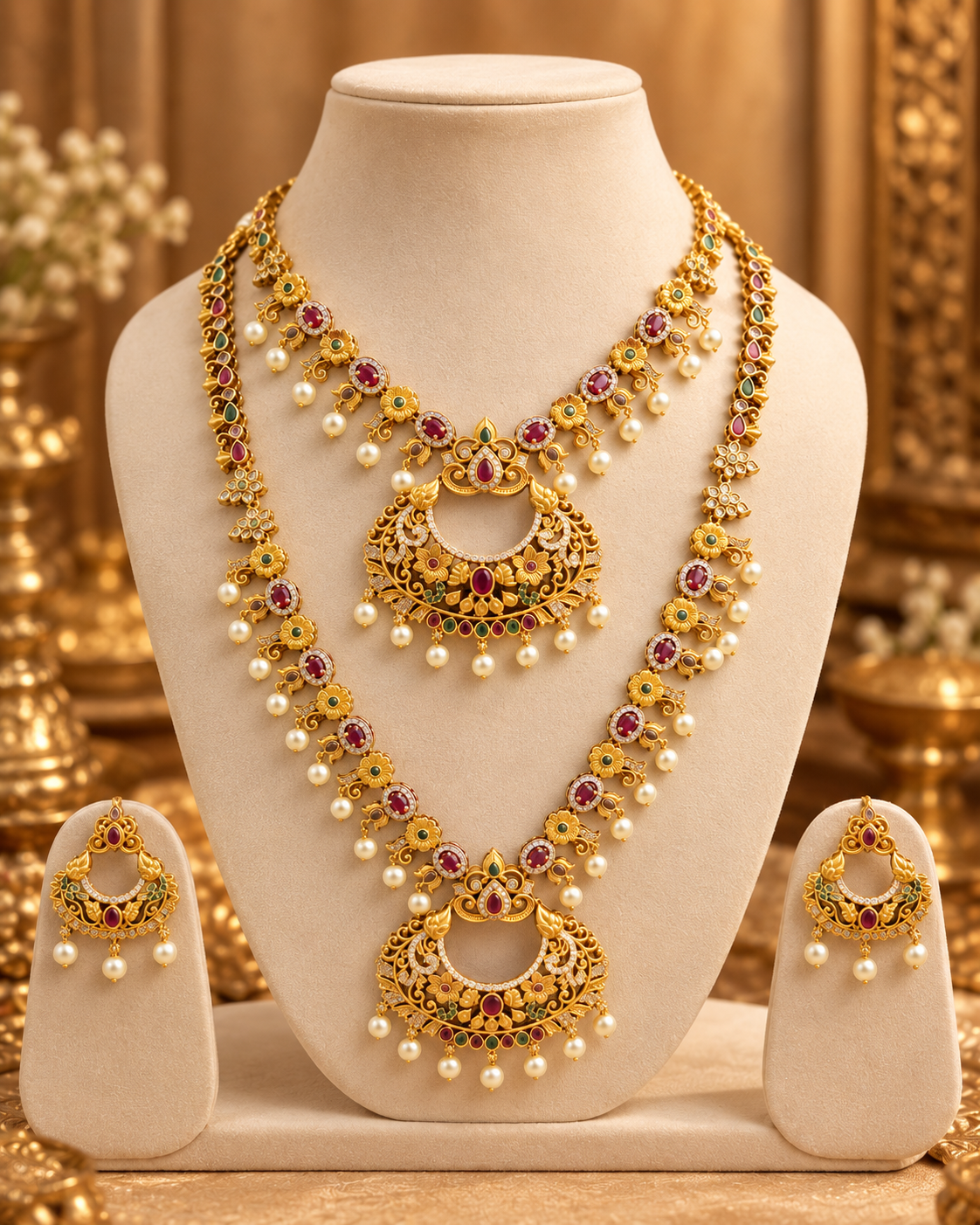 South Indian Style Necklace Set for Women, Multicolour Gold-Look Temple Jewellery with 2 Necklaces, Earrings & Maang Tikka, Traditional Wedding & Festive Jewellery
