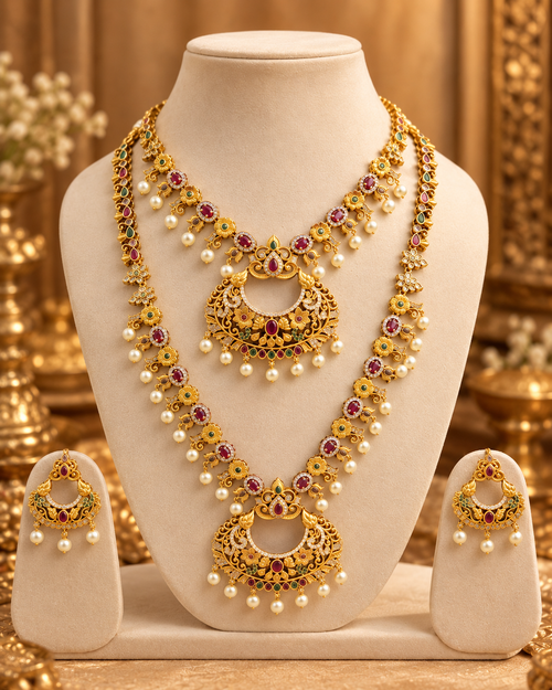 South Indian Style Necklace Set for Women, Multicolour Gold-Look Temple Jewellery with 2 Necklaces, Earrings & Maang Tikka, Traditional Wedding & Festive Jewellery