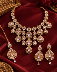 Premium AD Necklace Set for Women with Earrings & Maang Tikka, Heavy Festive Jewellery Set for Wedding, Karwa Chauth, Diwali & Party