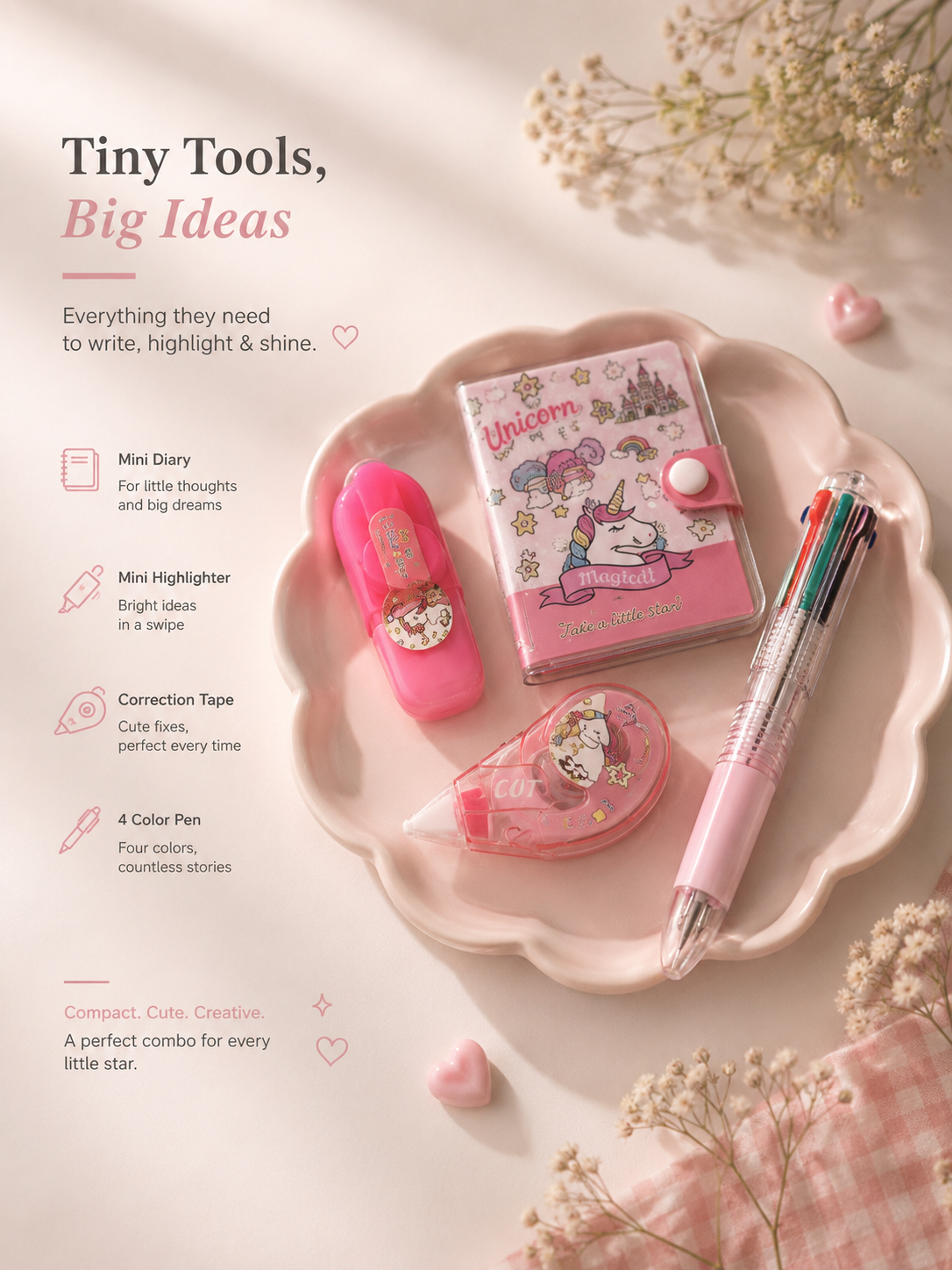 Unicorn Stationery Gift Set for Kids | Mini Diary, Highlighter, Correction Tape & 4 Color Pen