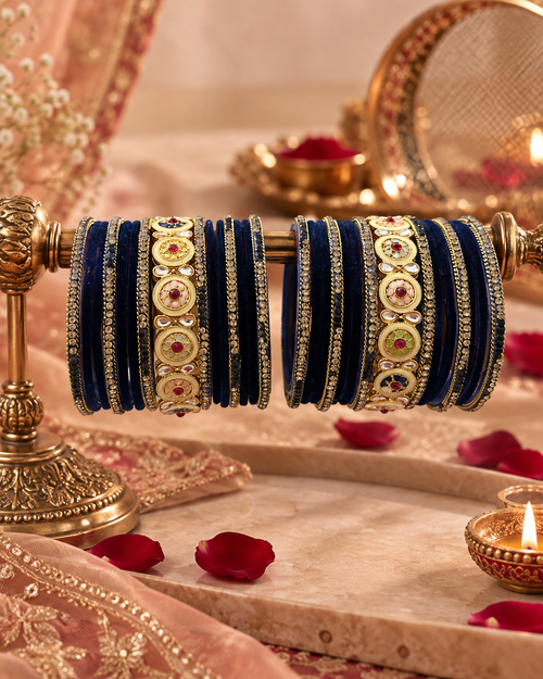 Blue Bangle Set for Women, Designer Velvet Kangan Choodiyan with Stone Pearl & Gold Detailing, Wedding Festive Jewellery for Diwali, Sizes 2.4 & 2.8
