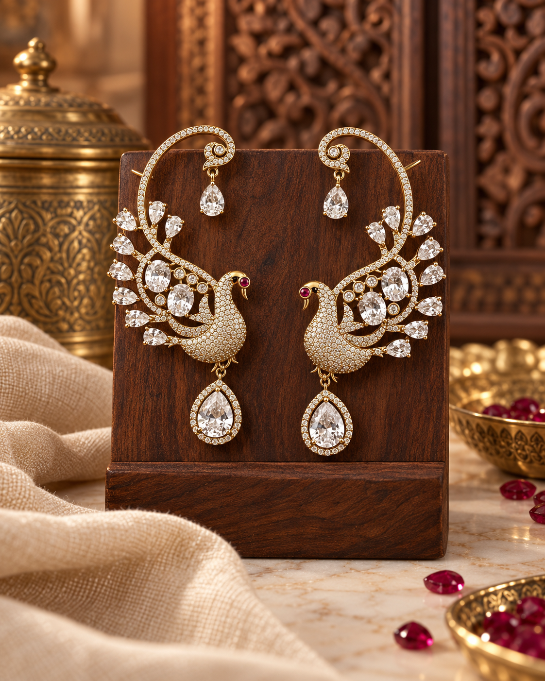 Premium Ear Cuff Earrings for Women, Festive Indian Heavy-Look Lightweight Ear Cuffs, Unique Peacock Design Jewellery for Karwa Chauth, Diwali, Weddings & Functions