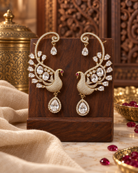 Premium Ear Cuff Earrings for Women, Festive Indian Heavy-Look Lightweight Ear Cuffs, Unique Peacock Design Jewellery for Karwa Chauth, Diwali, Weddings & Functions