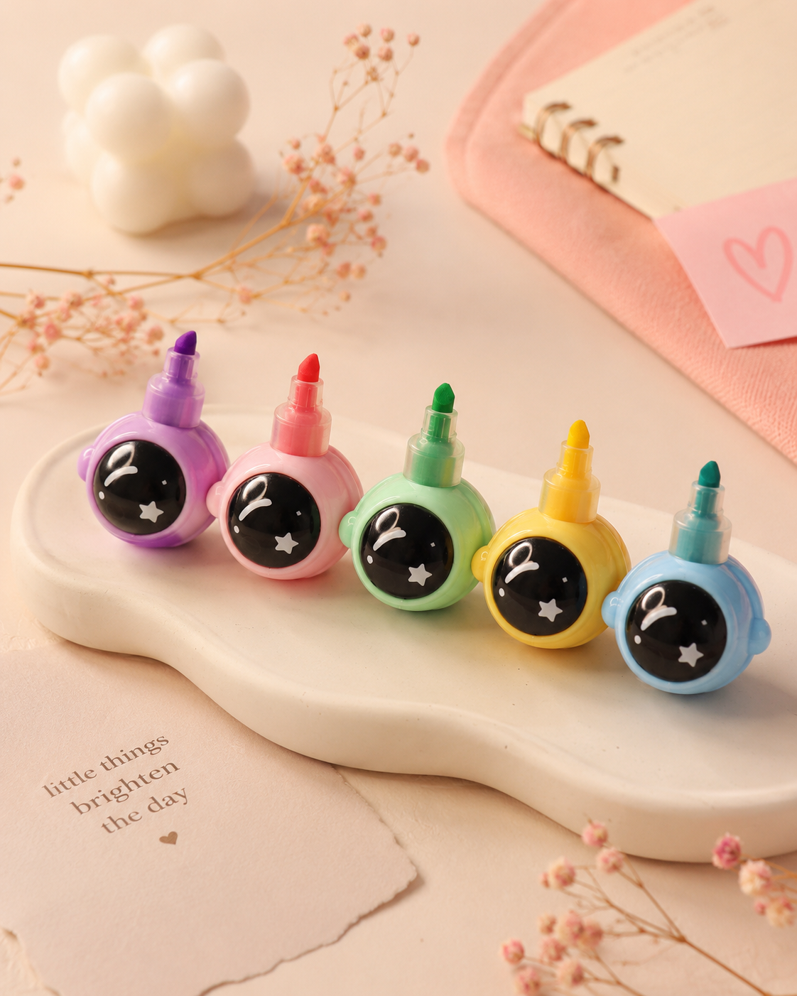 Cute Astronaut Mini Highlighter Set (Pack of 5) | Pastel Chisel Tip Highlighters | Kawaii Study & Office Stationery