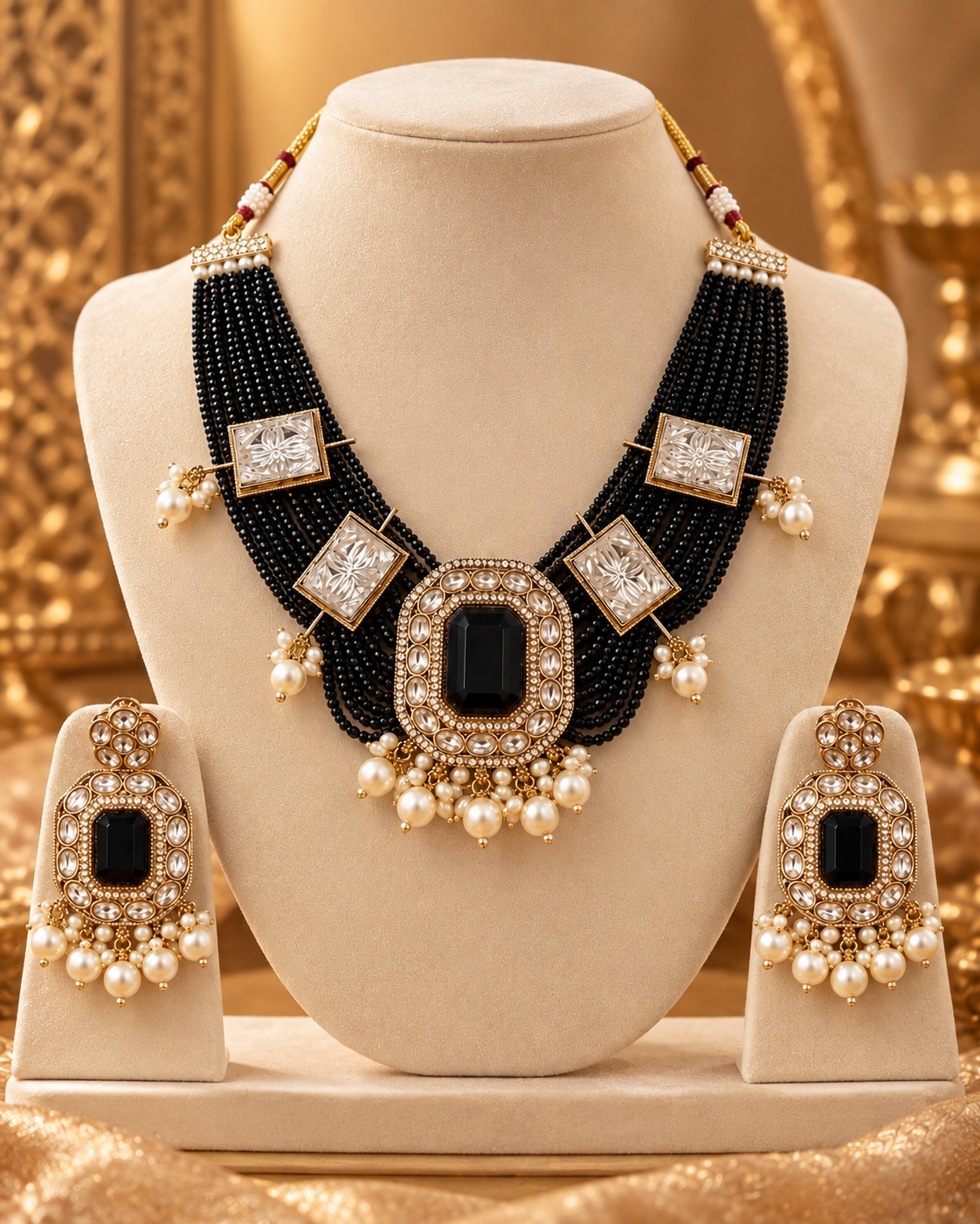 Premium Black Necklace Set for Women with Earrings, Heavy-Look Lightweight Indian Ethnic Jewellery for Karwa Chauth, Diwali, Weddings & Festive Parties