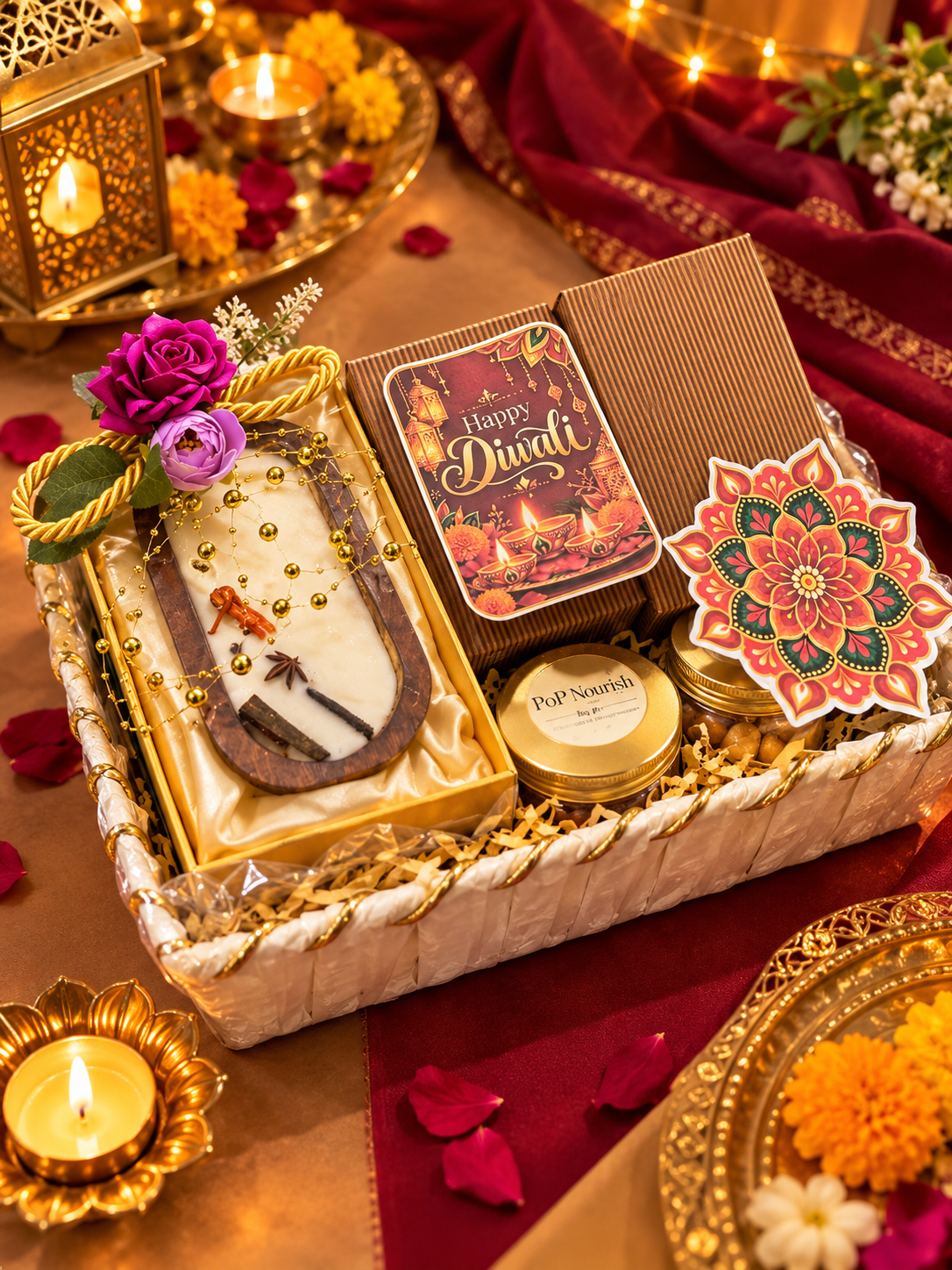 Diwali Gift Hamper with Scented Candle, Shubh Labh, Makhana and Mugs