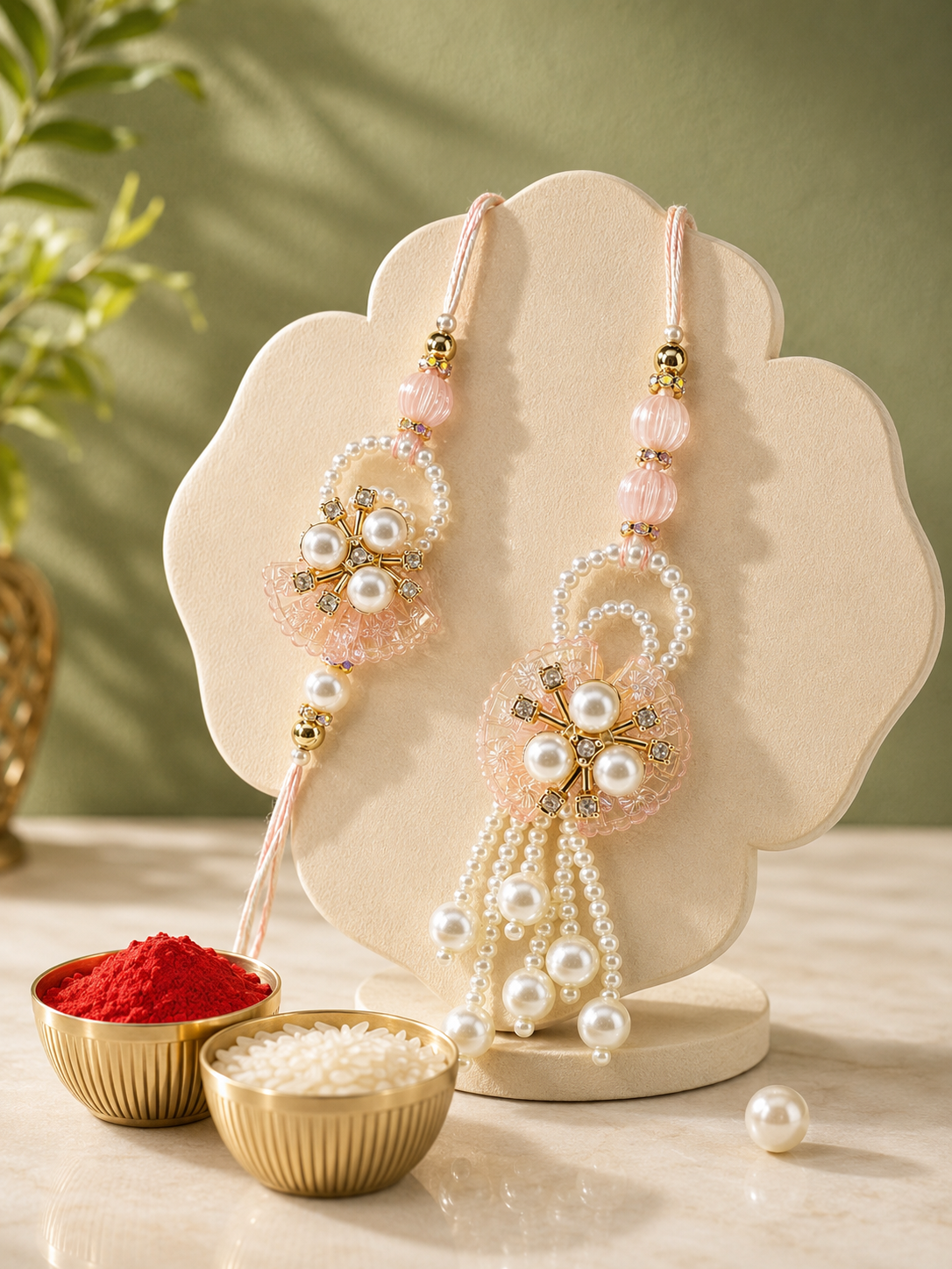 Handmade Bhaiya Bhabhi Rakhi Set with Roli Chawal | Designer Pearl Lumba Rakhi | Available in 6 Colours | Raksha Bandhan Gift