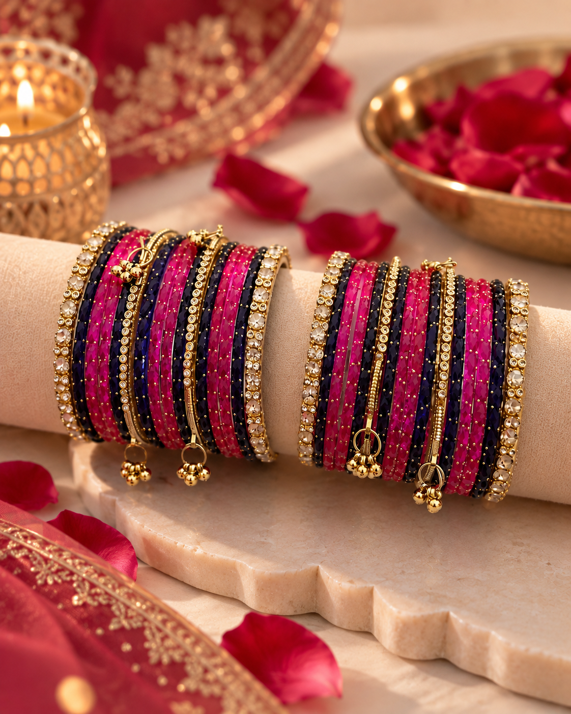 Pink Purple Glass Bangle Set for Women, Designer Kangan Choodiyan with Stone Studded Gold Detailing & Ghungroo Charms, Wedding Festive Jewellery, Sizes 2.4 2.6 2.8