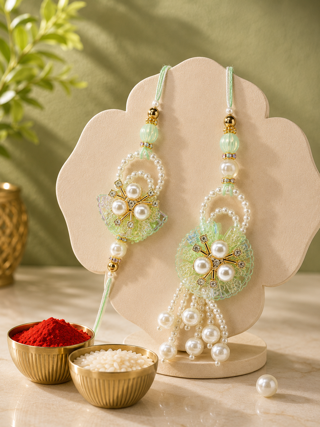 Handmade Bhaiya Bhabhi Rakhi Set with Roli Chawal | Designer Pearl Lumba Rakhi | Available in 6 Colours | Raksha Bandhan Gift