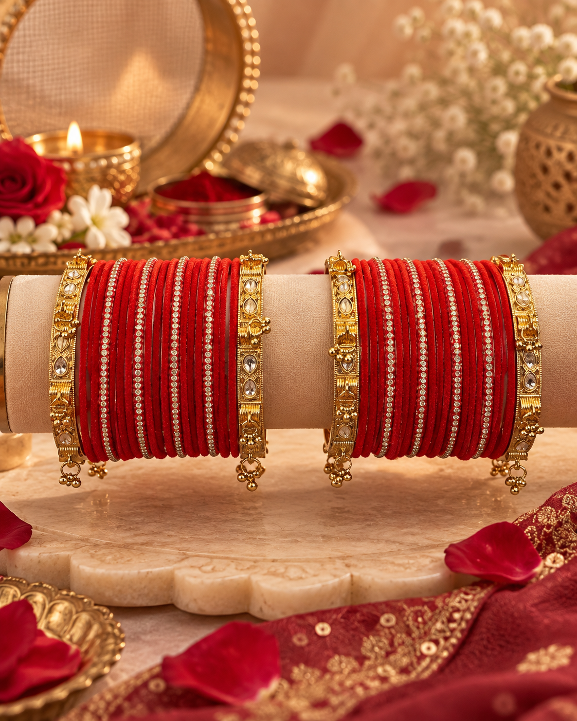 Red Designer Bangle Set for Women, Stone Studded Traditional Chooda Kangan, Gold-Tone Festive Wedding Jewellery for Saree & Lehenga, Size 2.6