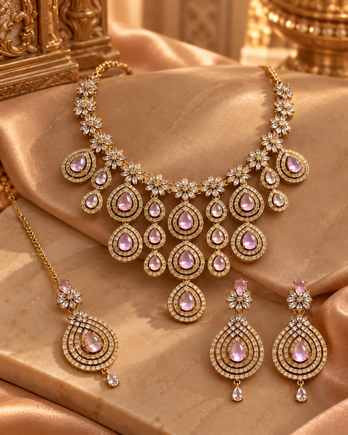 Premium AD Necklace Set for Women with Earrings & Maang Tikka, Heavy Festive Jewellery Set for Wedding, Karwa Chauth, Diwali & Party
