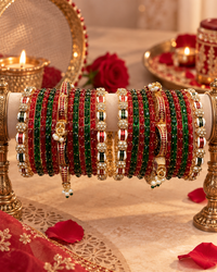 Red Green Rajwada Kundan Bangles for Women, Designer Stone Studded Kangan Set with Traditional Gold-Tone Kadas, Bridal Wedding Festive Jewellery, Size 2.4