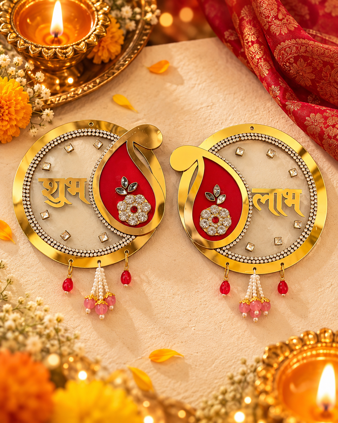 Shubh Labh Door Stickers Set of 2 | Golden Decorative Wall Stickers for Diwali, Mandir, Windows & Home Entrance