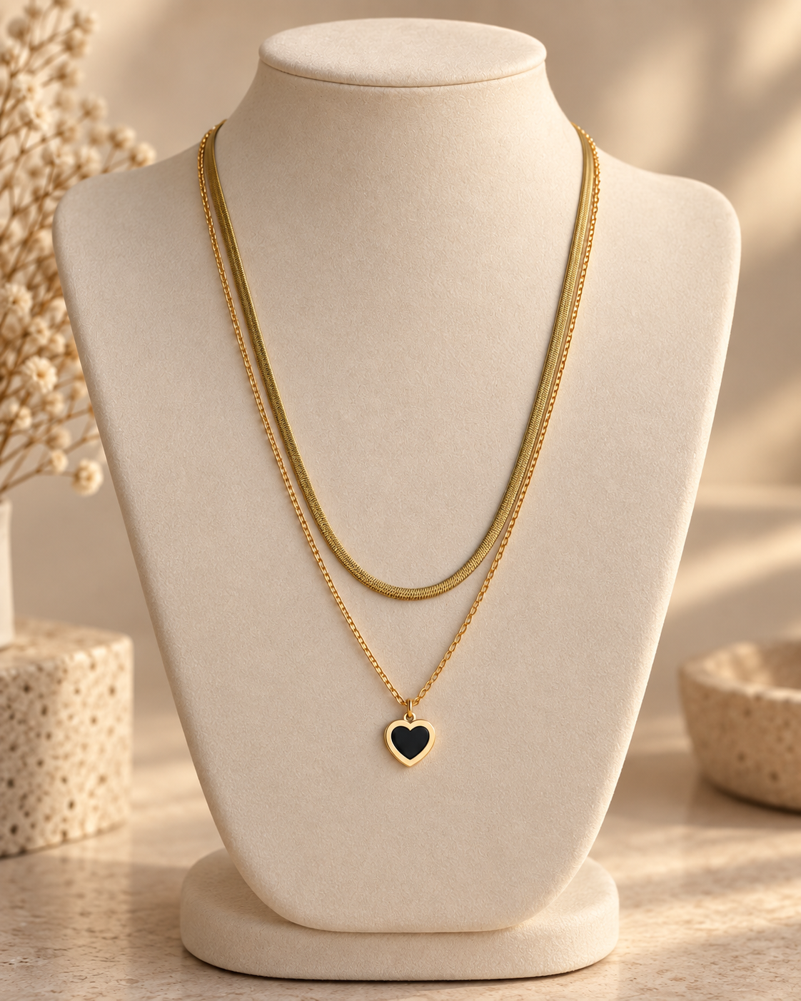 Gold Black Heart Layered Necklace for Women | Double Layer Chain with Black Heart Pendant | Trendy Minimalist Jewellery