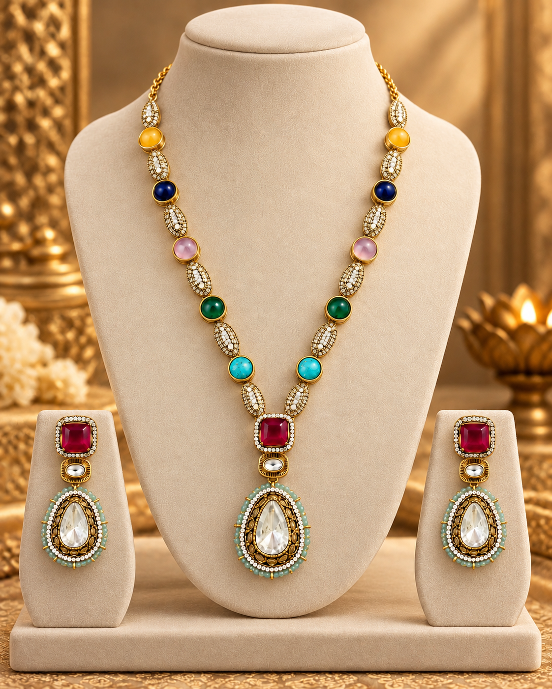 Multicolour Moissanite Necklace Set for Women with Earrings, Heavy-Look Lightweight Indian Ethnic Jewellery for Wedding, Diwali, Karwa Chauth & Festive Occasions