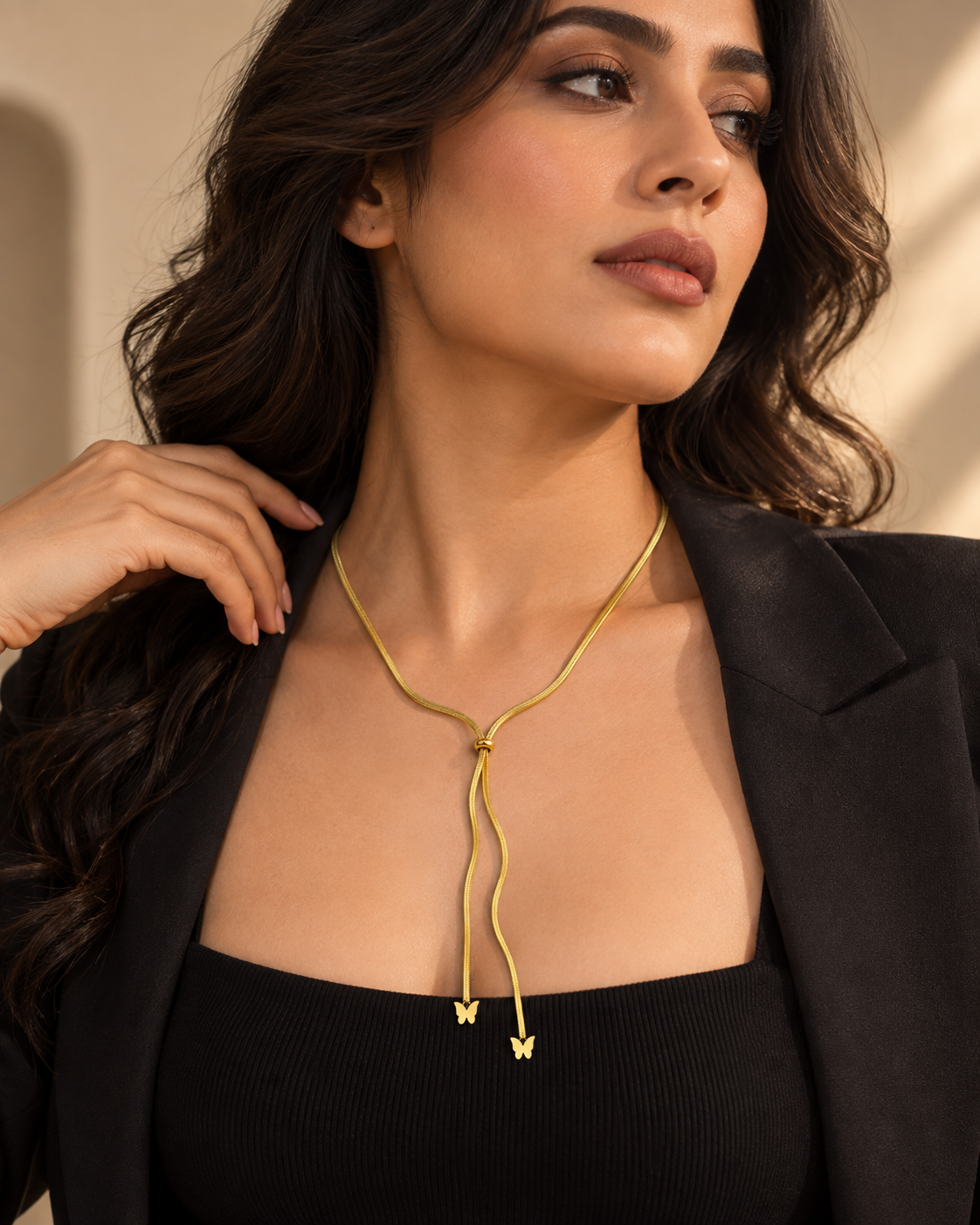 Butterfly Tassel Lariat Necklace for Women | Adjustable Gold-Tone Y Necklace | Anti-Tarnish Jewellery