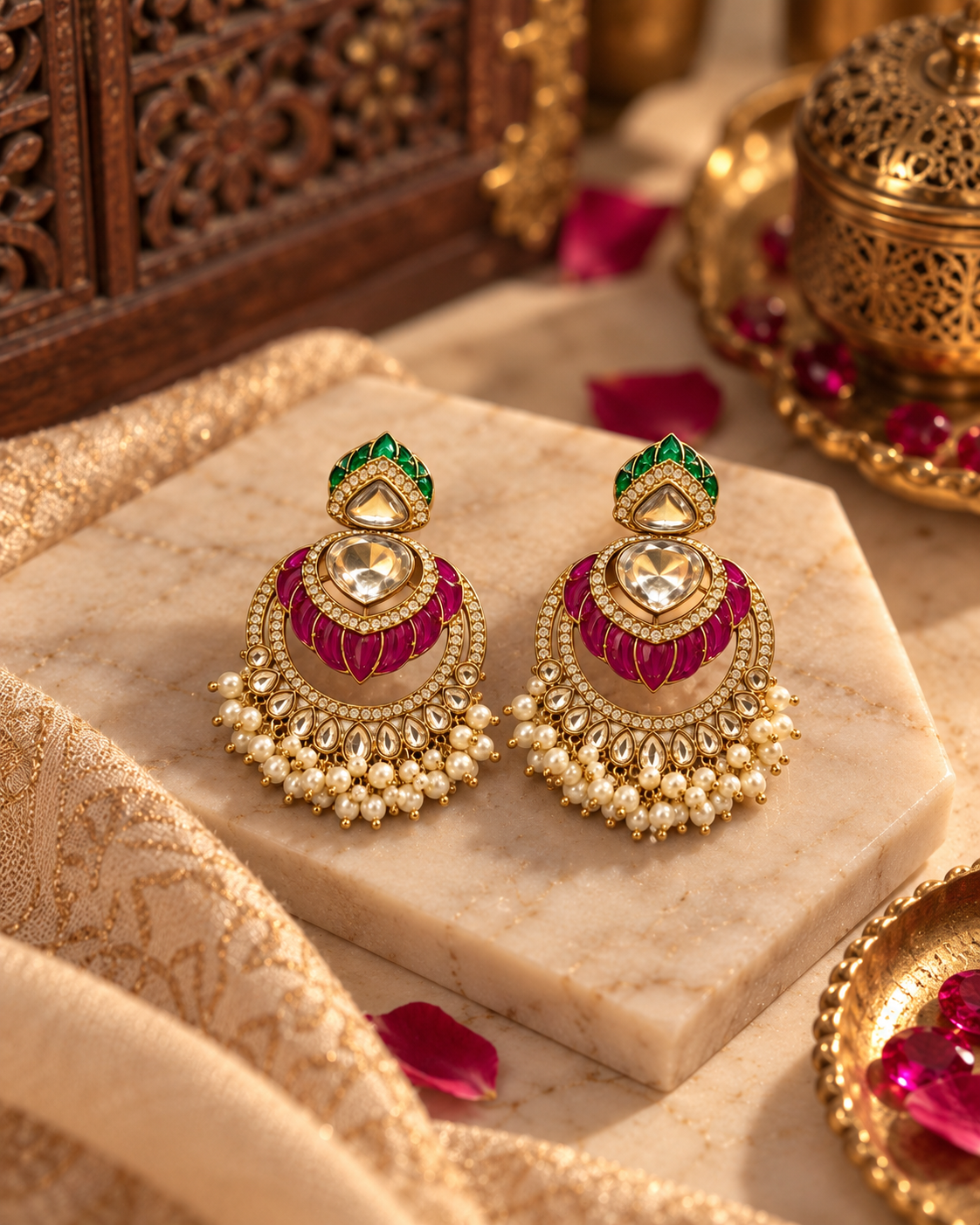 Royal Pink & Green Chandbali Earrings with Pearl Drops – Gold-Tone Traditional Indian Statement Jewellery
