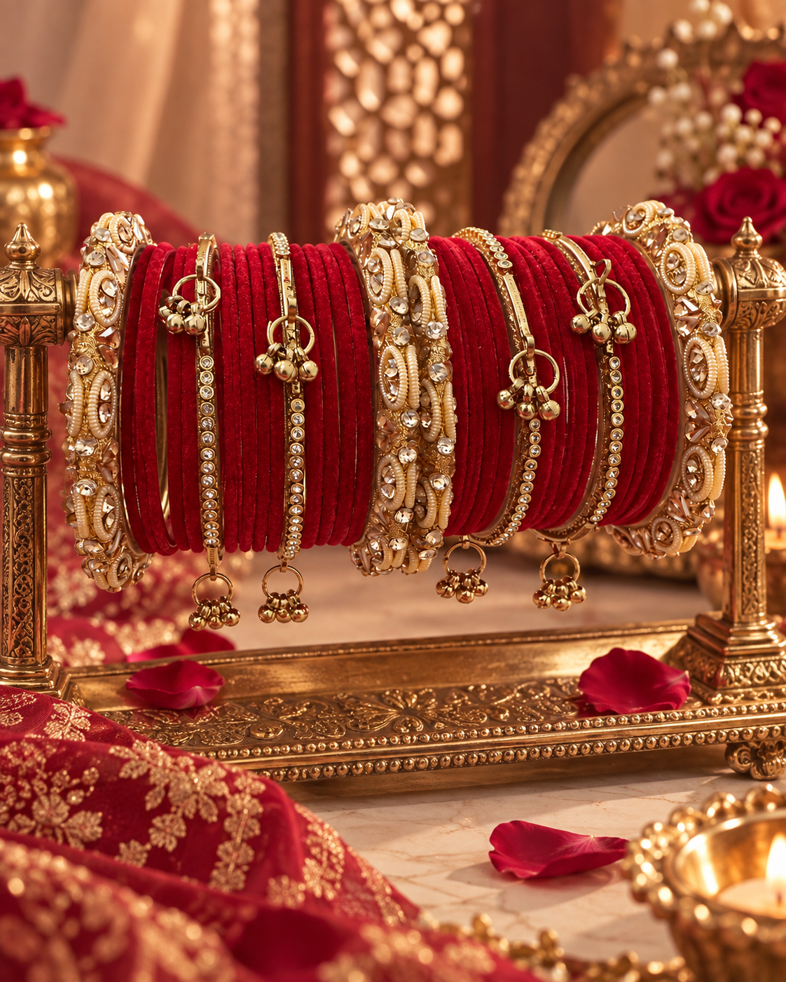 Magenta Velvet Glass Bangle Set for Women, Designer Glass Stone Studded Kangan Chooda, Traditional Ethnic Jewellery for Wedding Festive Wear, Sizes 2.4, 2.6 & 2.8
