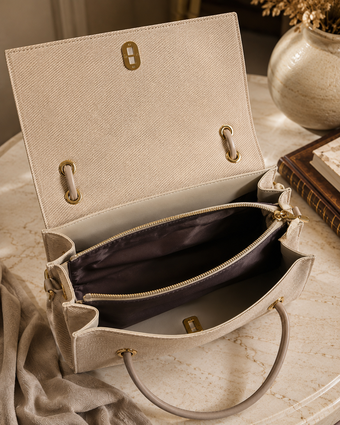 Elegant Textured Top Handle Handbag for Women with Sling Strap