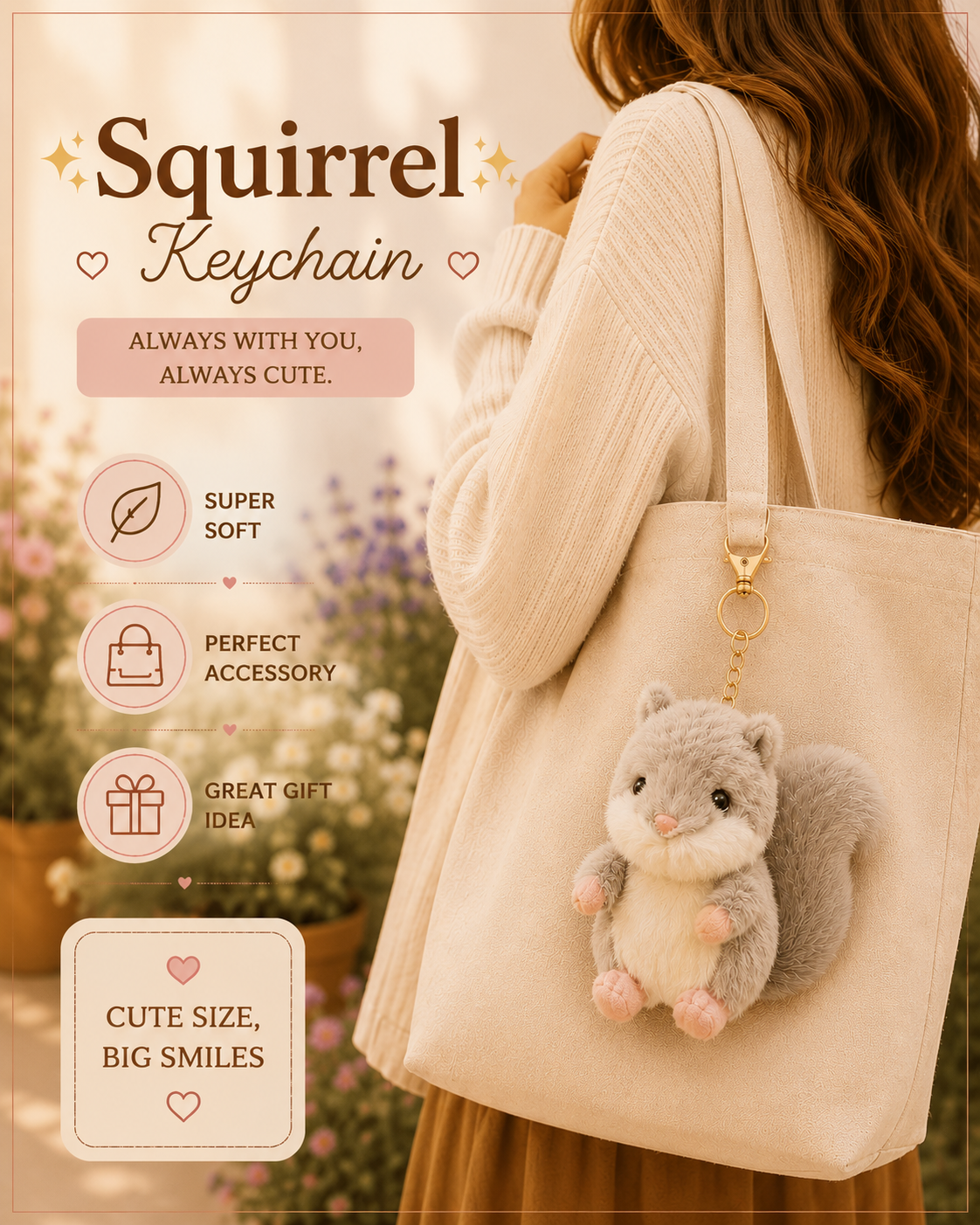 Cute Squirrel Plush Keychain | Soft Squirrel Bag Charm | Kawaii Animal Keyring