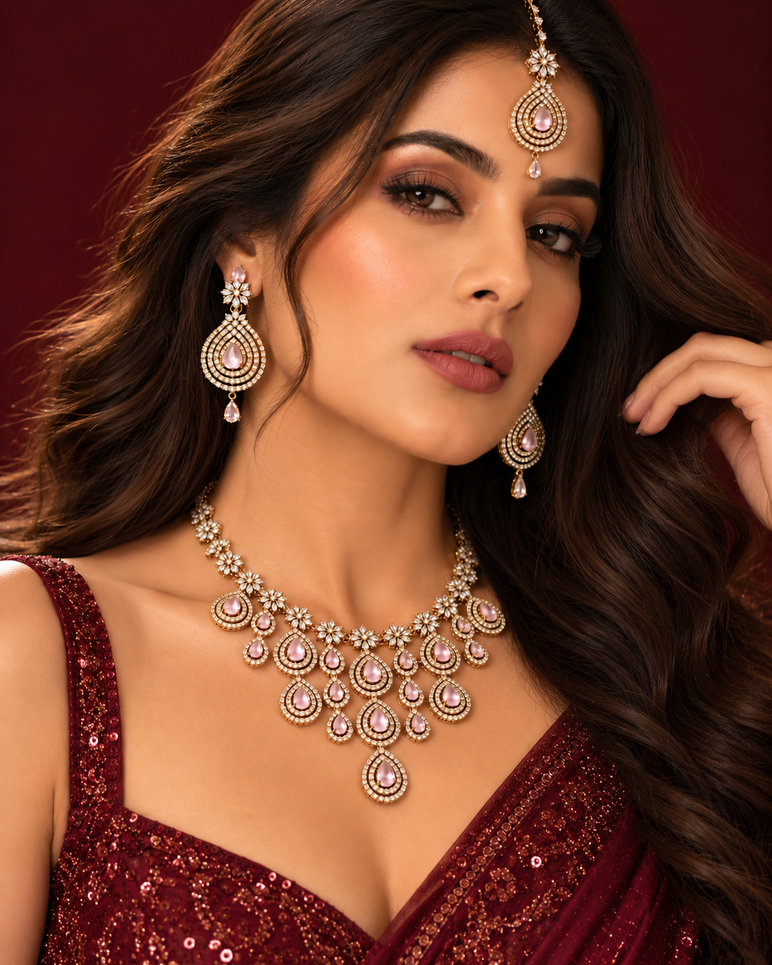 Premium AD Necklace Set for Women with Earrings & Maang Tikka, Heavy Festive Jewellery Set for Wedding, Karwa Chauth, Diwali & Party
