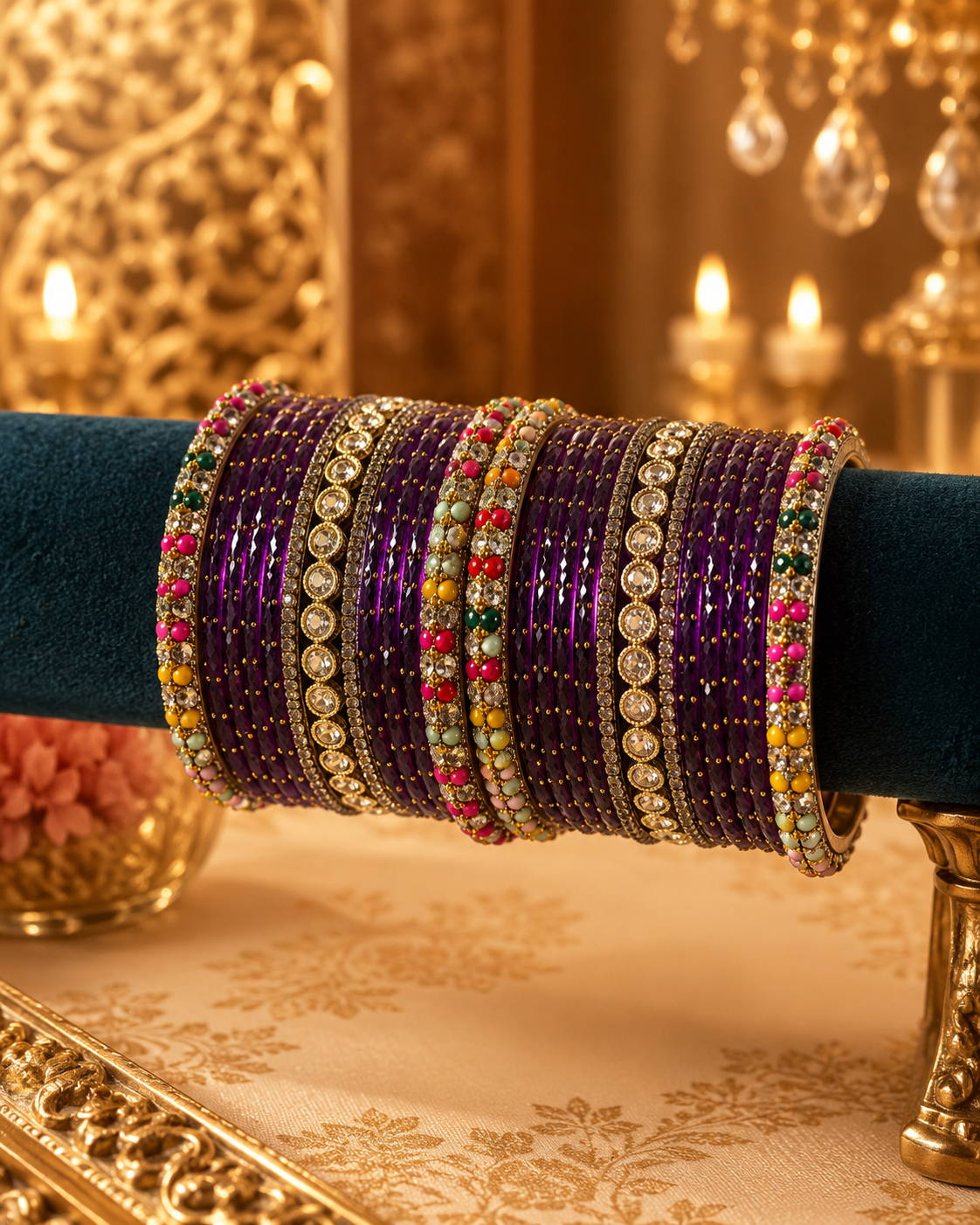 Royal Purple Designer Bangles Set with Colorful Bead Accents