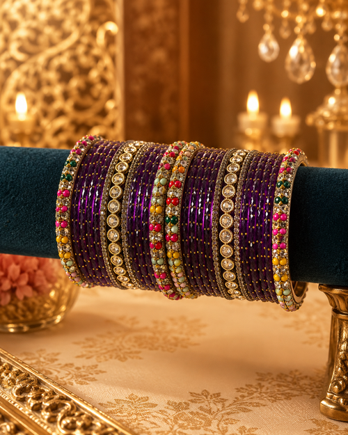 Royal Purple Designer Bangles Set with Colorful Bead Accents