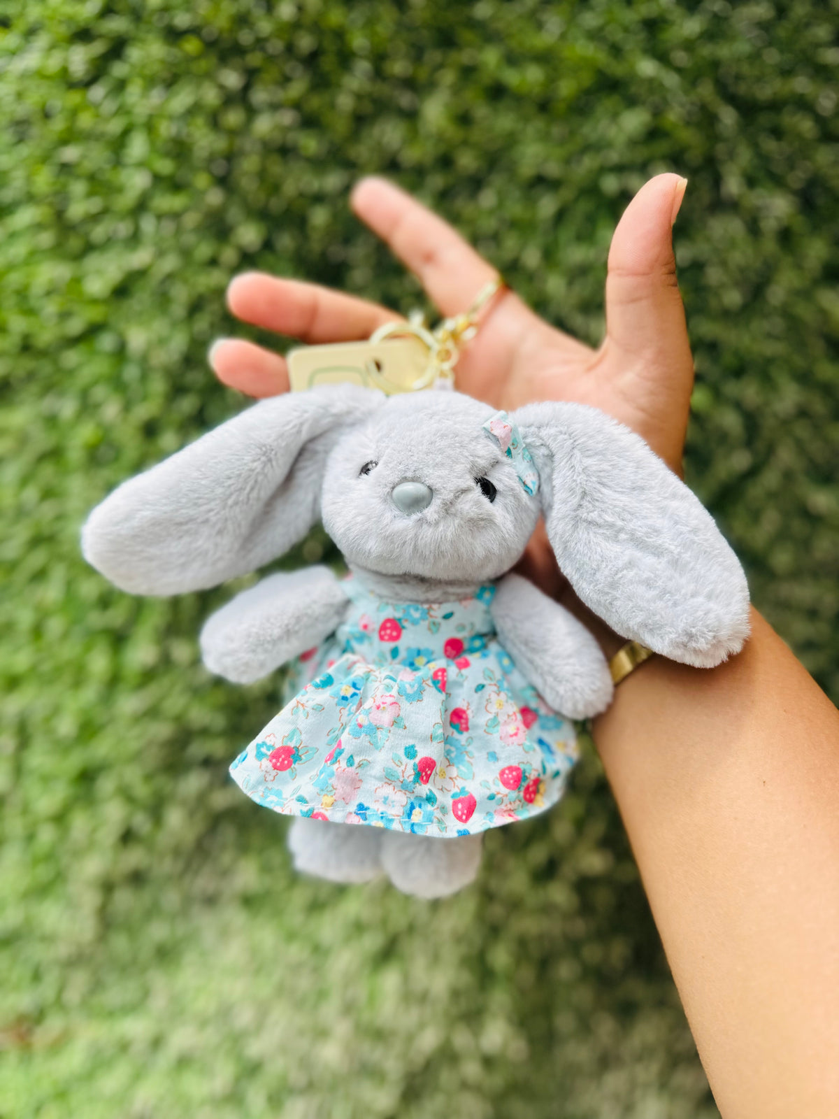Cute Grey Bunny Plush Keychain in Floral Dress | Soft Rabbit Bag Charm & Backpack Accessory for Girls & Kids
