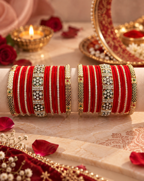 Red Bridal Bangle Set for Women, Designer Chooda Kangan with Stone Studded Gold Detailing, Traditional Wedding Jewellery for Festive Wear, Sizes 2.4 2.6 & 2.8