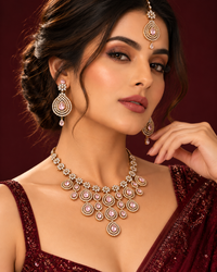 Premium AD Necklace Set for Women with Earrings & Maang Tikka, Heavy Festive Jewellery Set for Wedding, Karwa Chauth, Diwali & Party