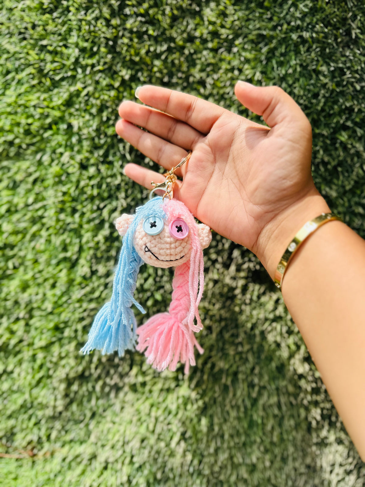 Crochet Doll Keychain with Pink & Blue Yarn Hair, Cute Doll Bag Charm and Backpack Charm for Girls, Boys & Gifting