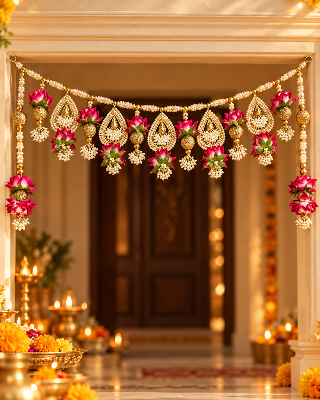 Handmade Pink Floral Bandhanwar Toran for Main Door | Traditional Diwali Decoration