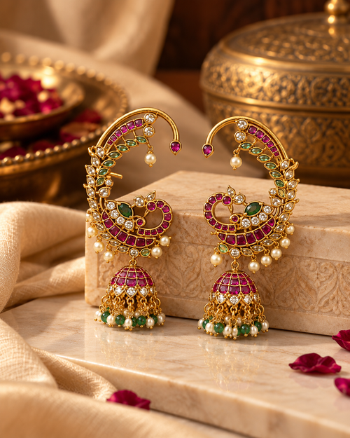 South Indian Style Ear Cuff Earrings for Women, Traditional Kundan-Inspired Jhumka Design with Pearl & Green Bead Details, Festive Ethnic Jewellery for Wedding & Celebrations